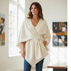 Commense Cream Knot Front Wrap Cloak Cape Coat L NWT Minimalist Quiet Luxury